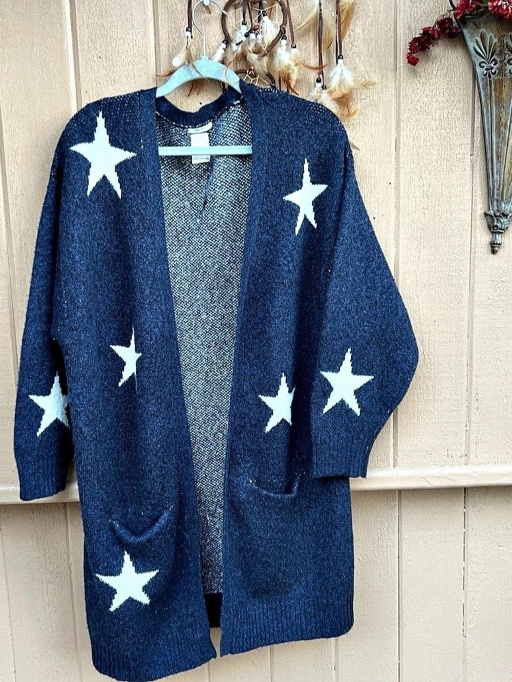 Zara Star Duster Cardigan Navy Blue Longline Open Front Cozy Cottage M 33